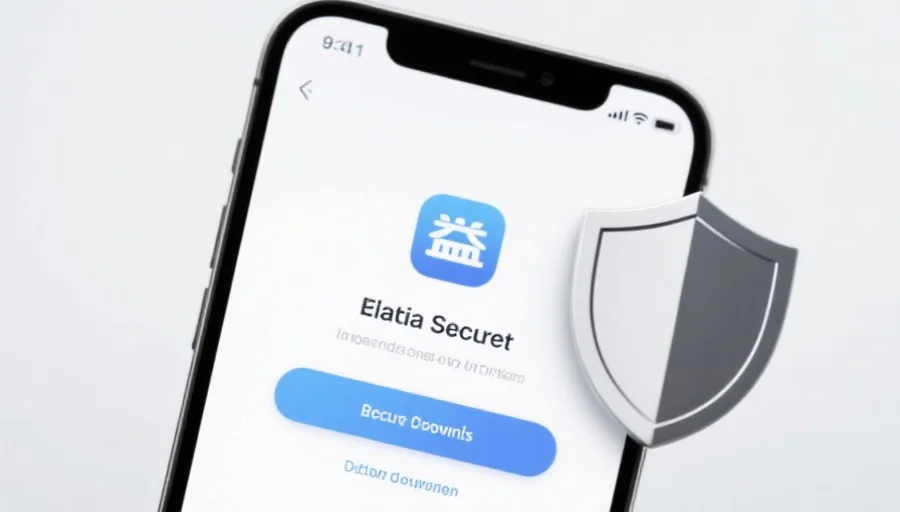 一部现代智能手机屏幕上显示蓝图应用的安全下载界面，旁边有安全盾牌图标，背景简洁