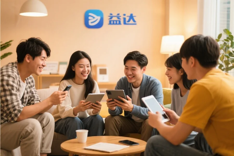 一群年轻用户围坐在一起，使用平板和手机愉快地交流，背景温馨现代，象征蓝图应用的社区活跃氛围